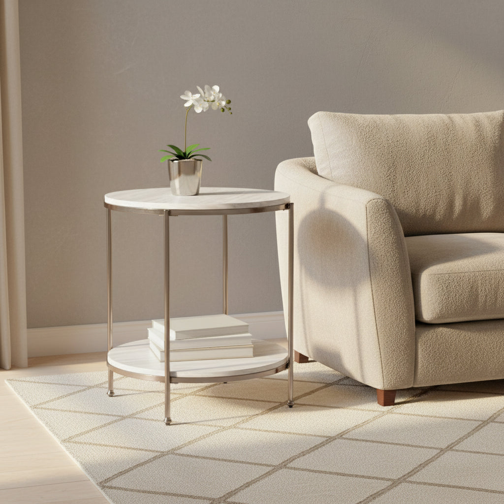 HomeRoots 24 Champagne Faux Marble And Iron Round End Table With Shelf - 22x22x24.25