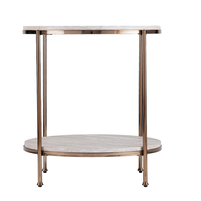HomeRoots 24 Champagne Faux Marble And Iron Round End Table With Shelf - 22x22x24.25