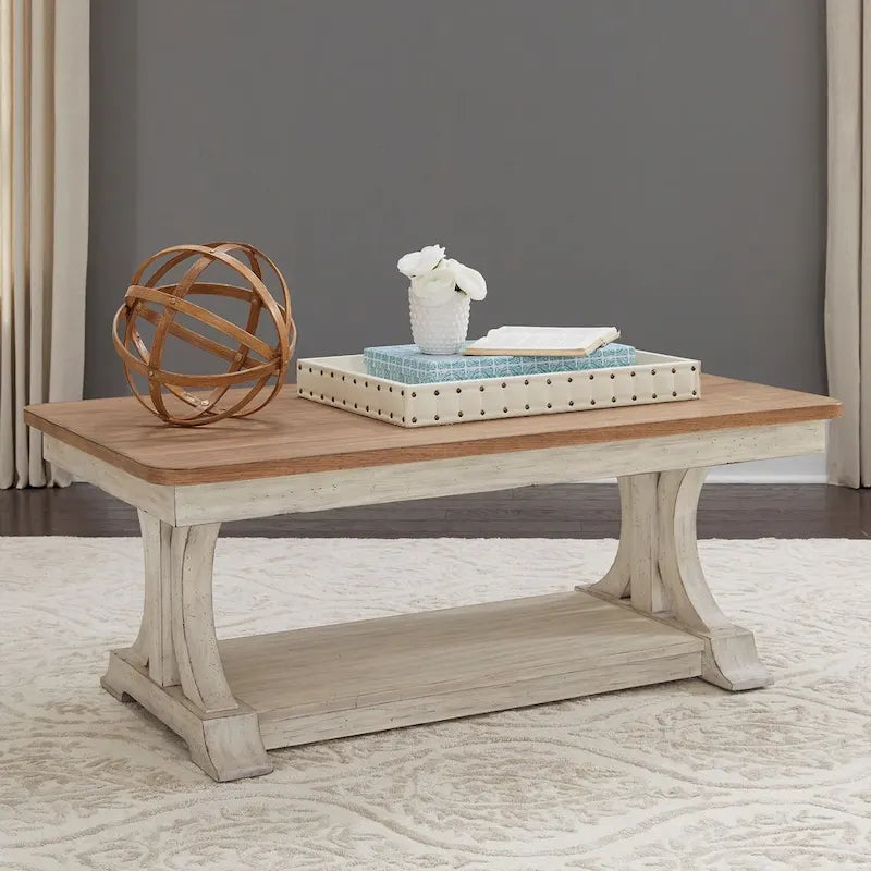  Antique White with Chestnut Rectangular Cocktail Table