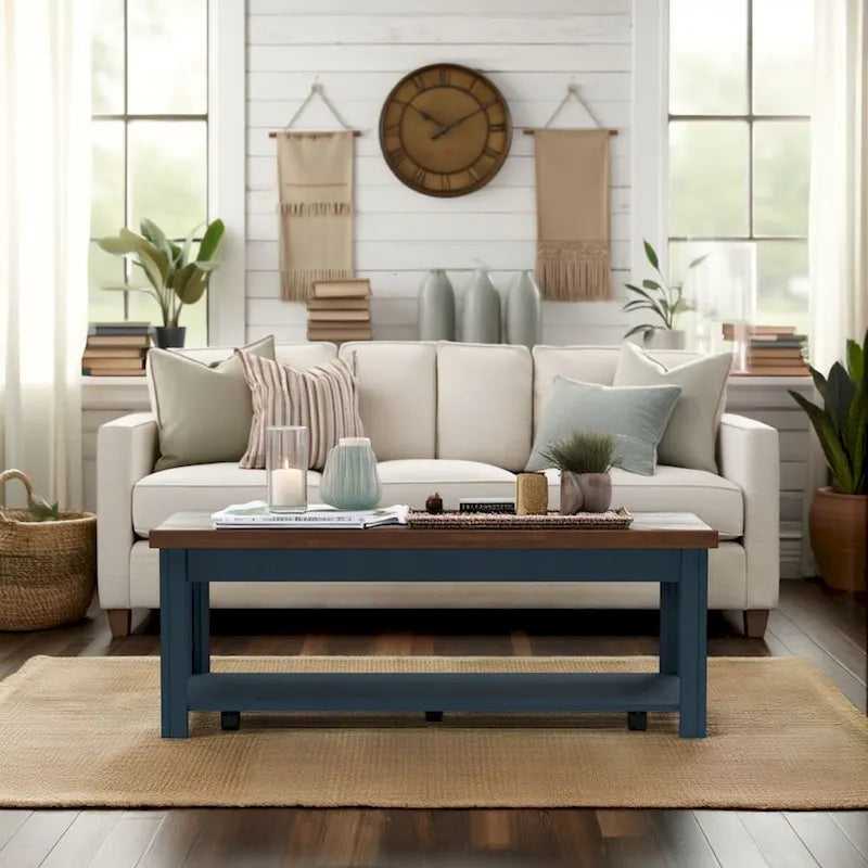  Nantucket 48 inch Coffee Table, No Assembly Required, Blue Denim and Whiskey