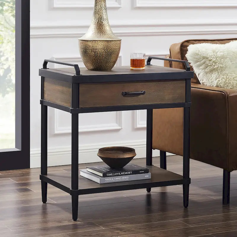  Mid-century Wood Side End Table with Drawer